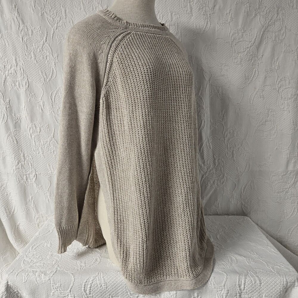 Quinn Garter Knit Tunic Beige Medium Petal Hem Crew Neck Raglan Coastal Knitwear